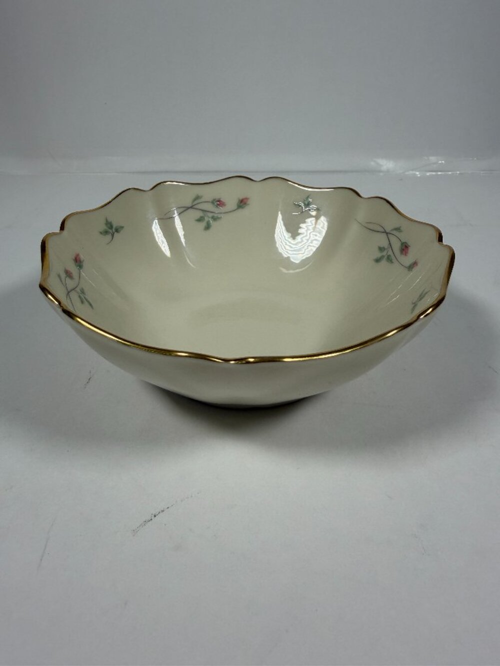 Vintage Lenox Rose Manor Porcelain Bowl Pink Roses Gold Trim Scalloped USA